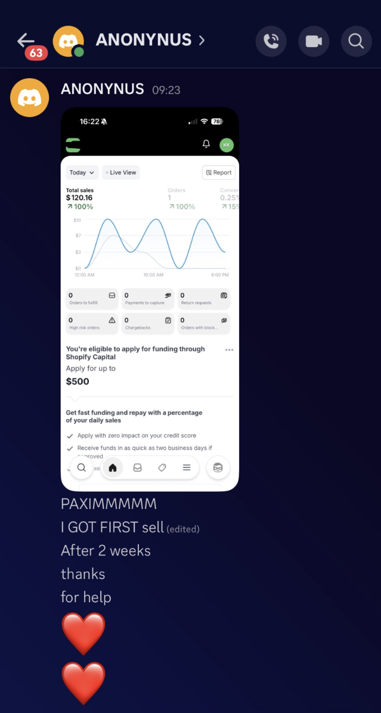 Shopify — First sale after 2 weeks — $120.16