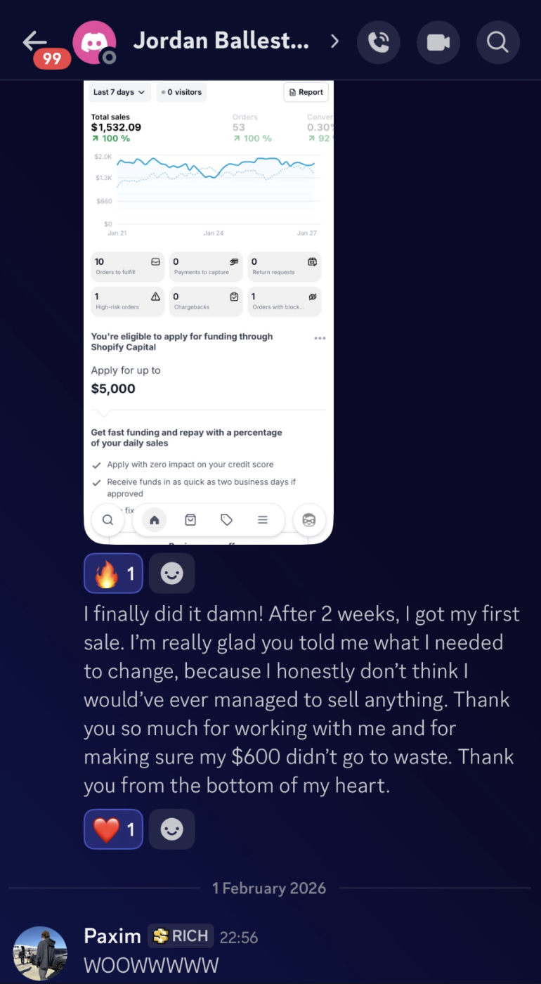 Shopify — First sale after 2 weeks — $1,532.09