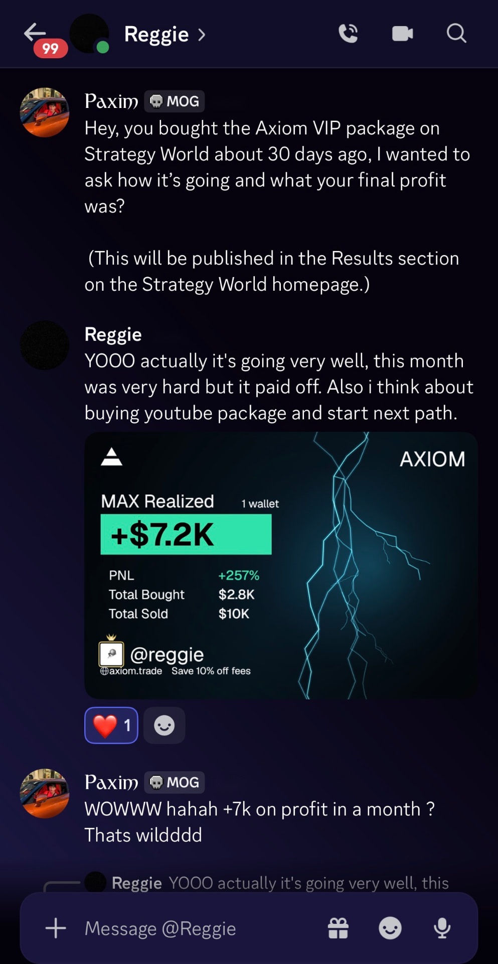AXIOM — VIP student conversation and trading result