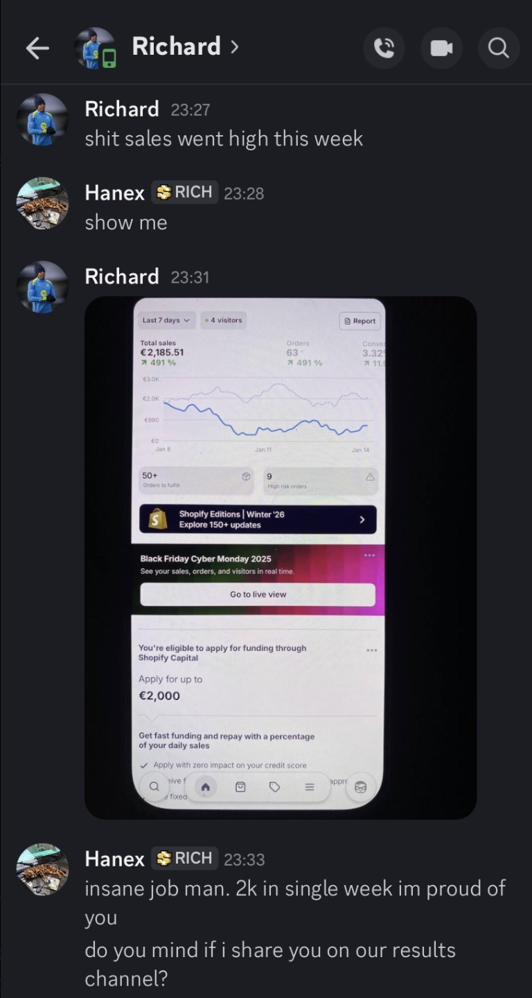 Shopify — €2,185.51 in the last 7 days — 63 orders