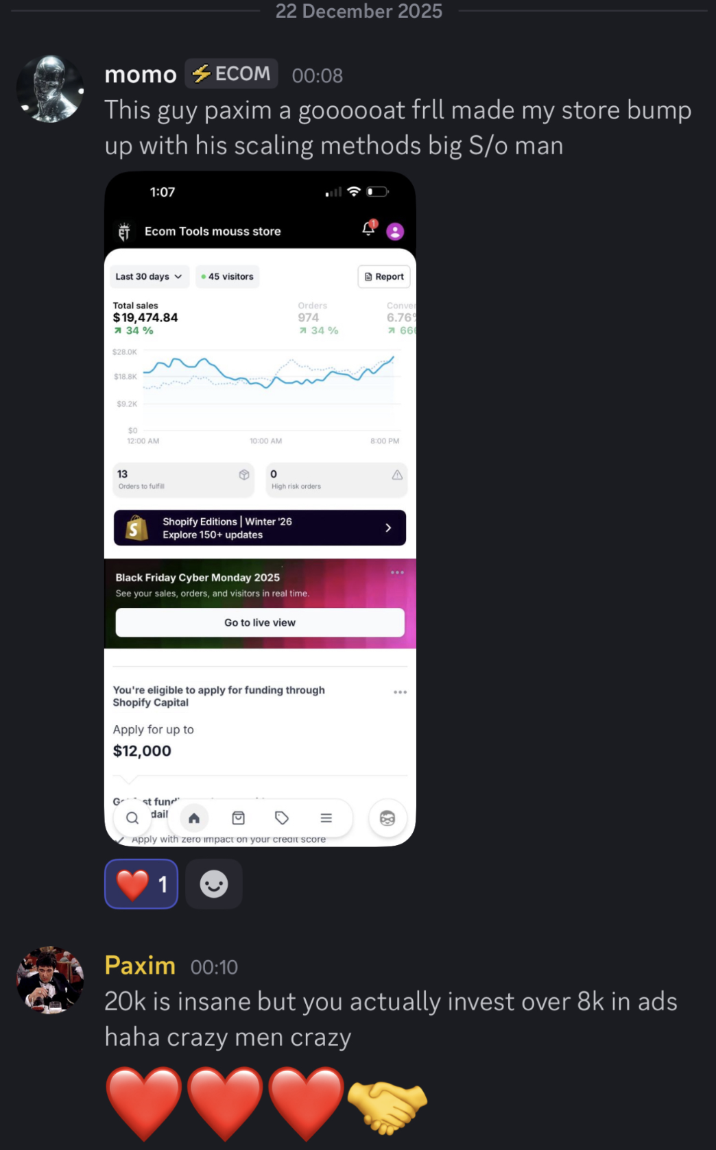 Shopify — $19,474.84 in the last 30 days — 974 orders