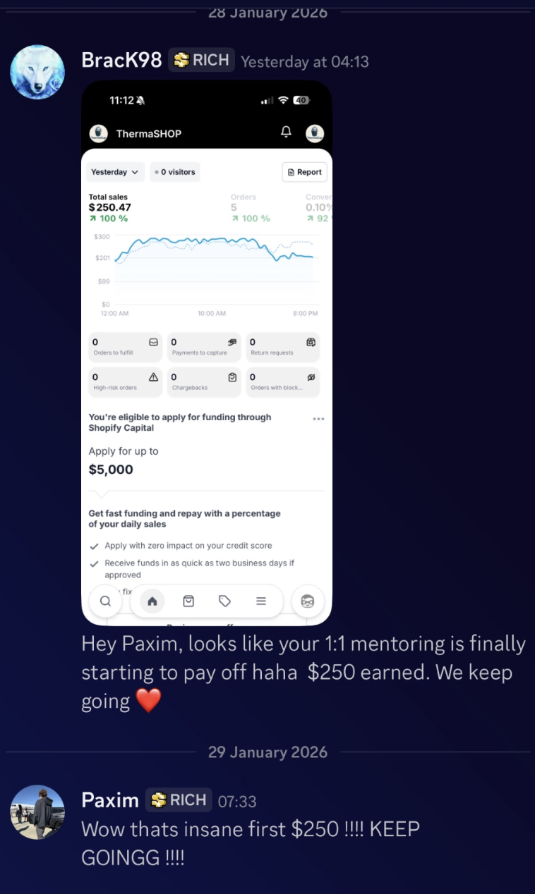 Shopify — First $250 with 1:1 mentoring